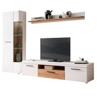 WOHNWAND weiß matt, Evoke Eiche, Wohnkombination 3-teilig, Soft-Close-Funktion - Eichefarben/Silberfarben, Glas/Holz (287/200/45cm) - Furn.Design
