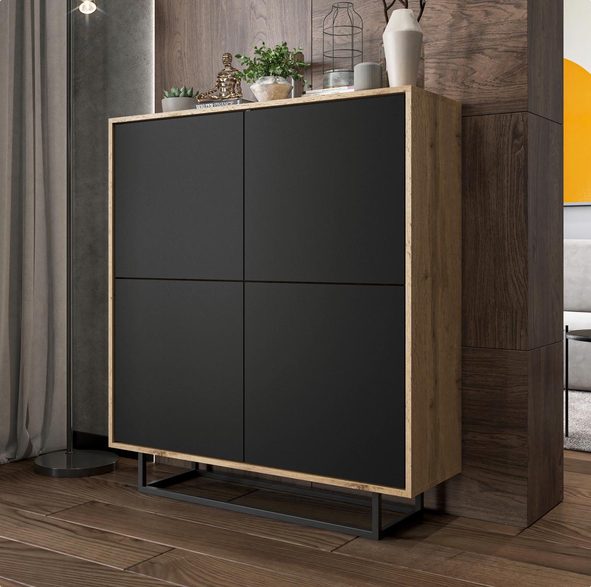 KOMMODE Apollo 4D Eiche wotan Schwarz Matt 113 cm - Schwarz, Holzwerkstoff/Metall (113/127/35cm) - Meble Lindner