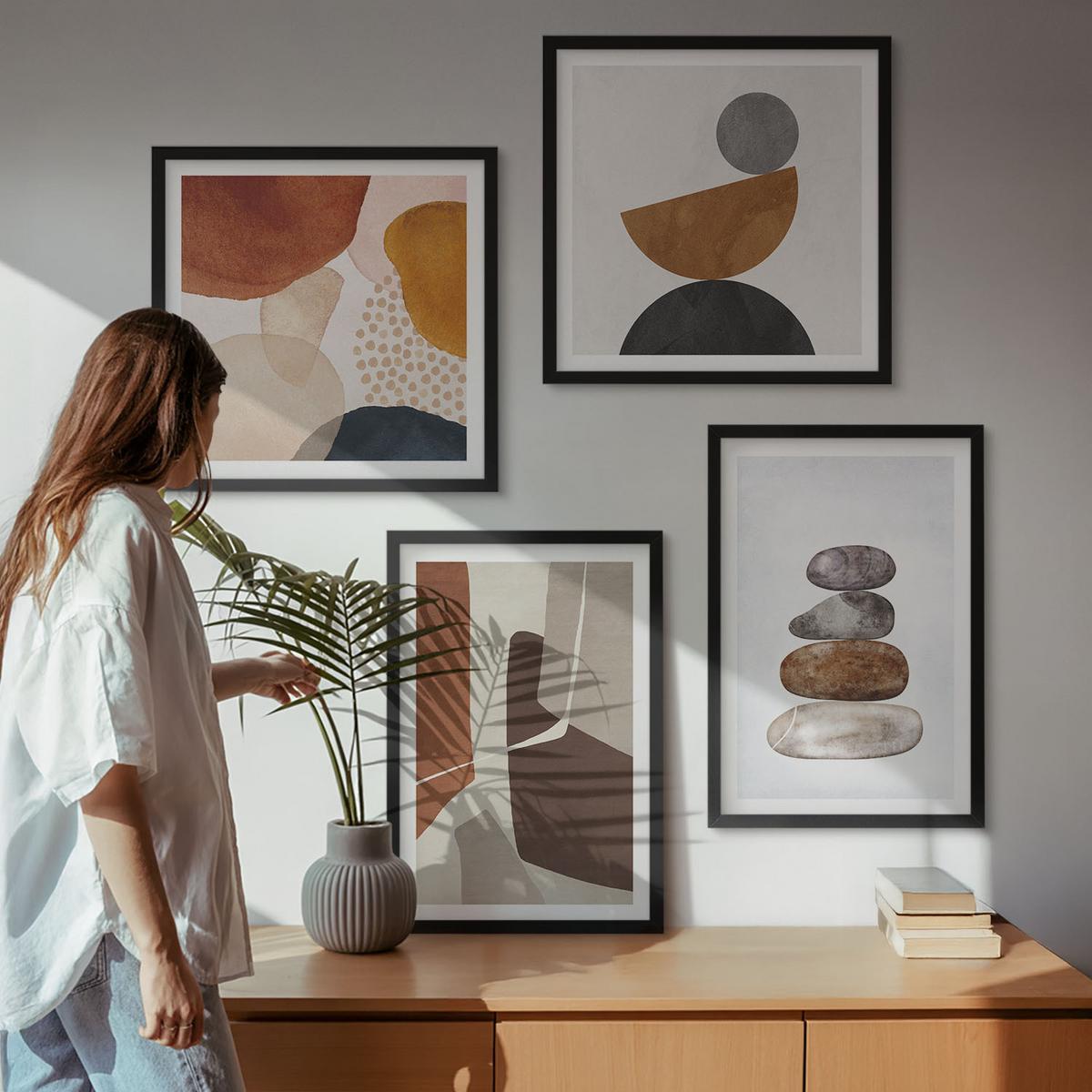 BILDER SET 4er Set - 50x50 cm & 40x60 cm Schwarzer Rahmen - Abstrakte Malerei Dekorationen - Schwarz, Kunststoff (50/50cm) - TULUP