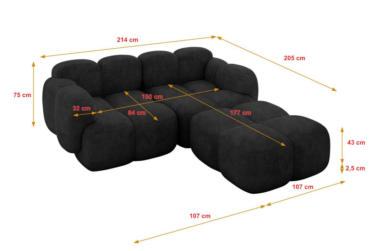 ECKSOFA modulares Sofa Rechts Miko-L1 214x205x75 Schwarz Velours - Schwarz, Holzwerkstoff/Kunststoff (214/205cm) - ALTDECOR