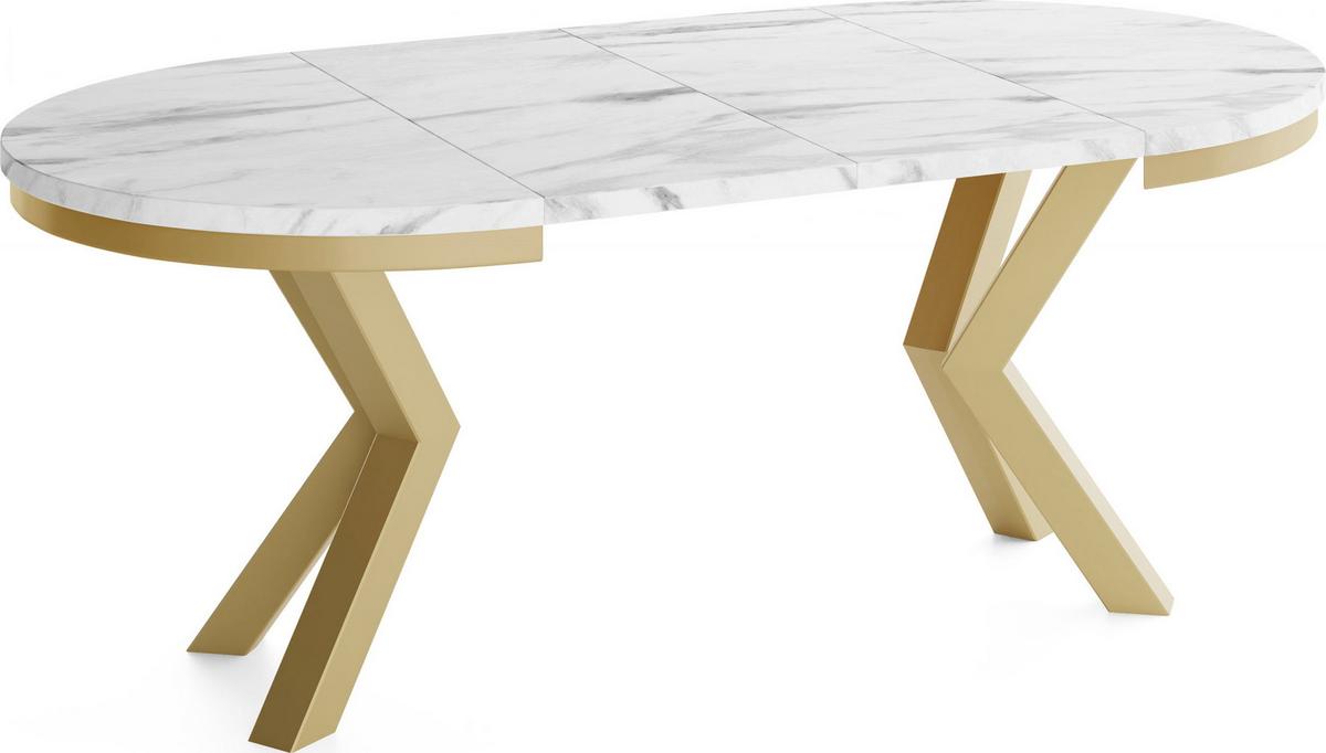 ESSTISCH Clara Gold runder ausziehbarer, Marmor Weiß 100-180/100/76 cm - Ecru/Goldfarben, Holzwerkstoff/Metall (100/176/76cm) - WFL GROUP