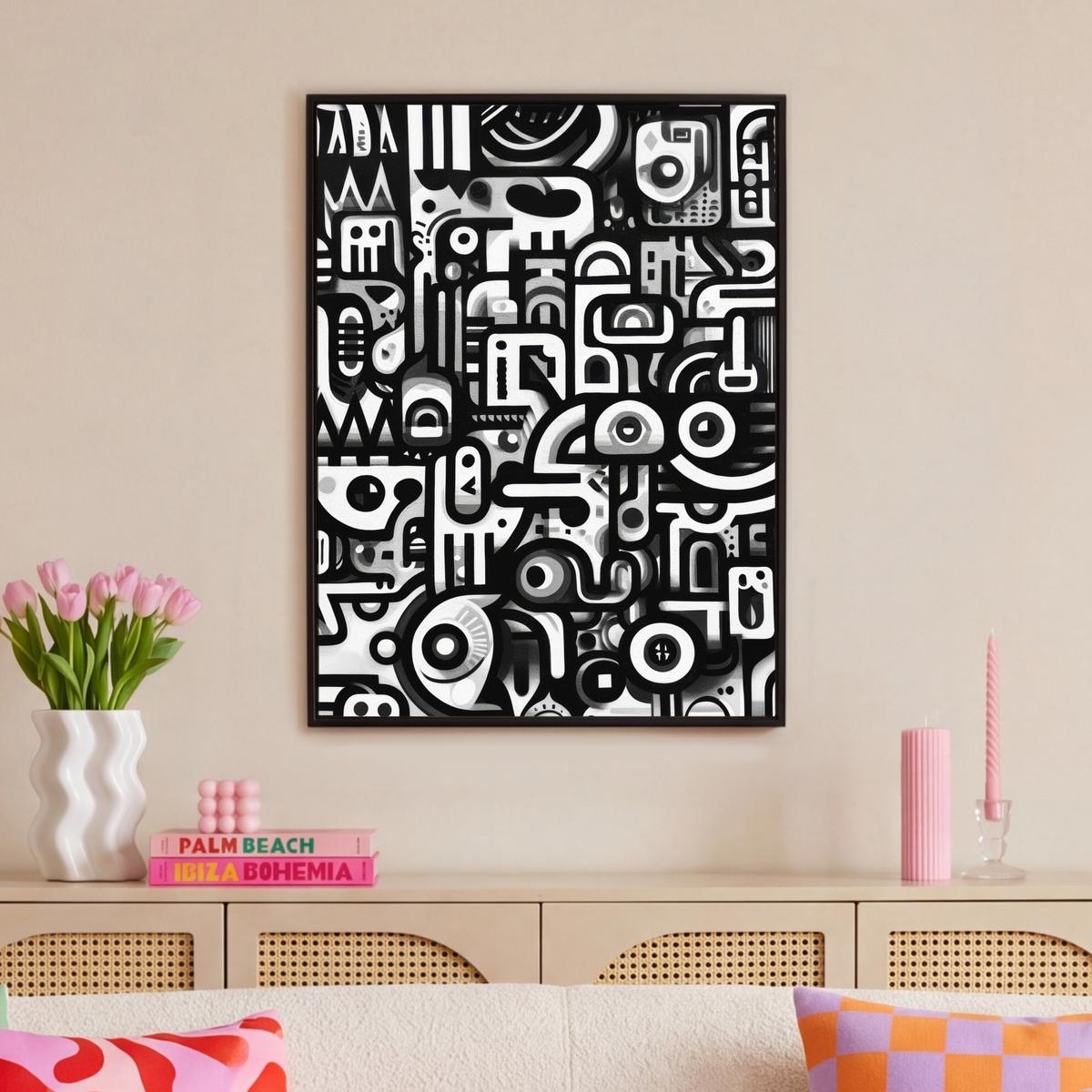 LEINWAND Bilder mit Rahmen - Symbole - Abstrakt - Grafik - Schwarz - 70x100 - Schwarz, Textil (70/100cm) - MuchoWow