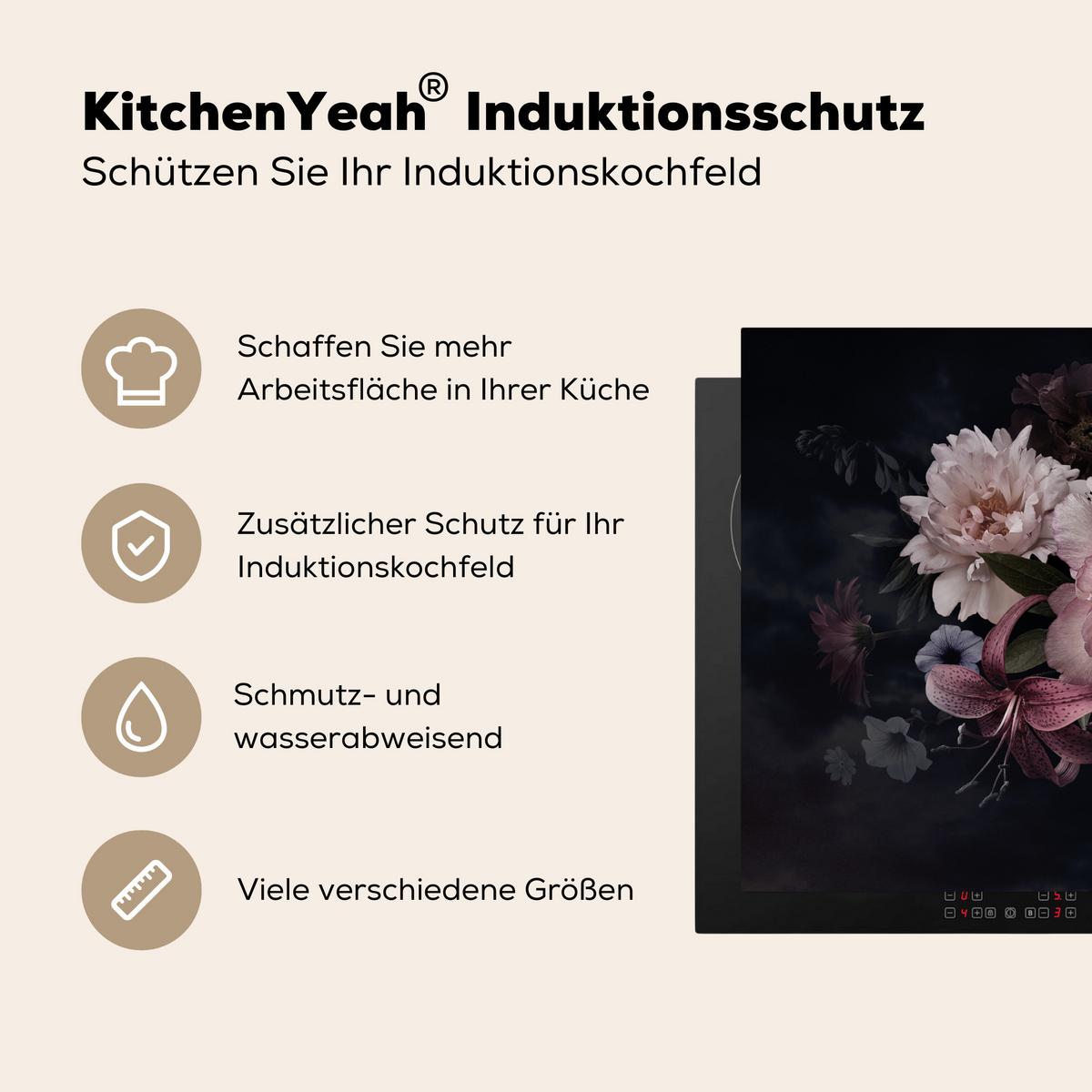 HERDABDECKPLATTE Blumen - Vintage - Pastell - Rosa - Weiß Ceranfeldabdeckung 85x52 cm - Altrosa, Kunststoff (85/52/0.2cm) - MuchoWow
