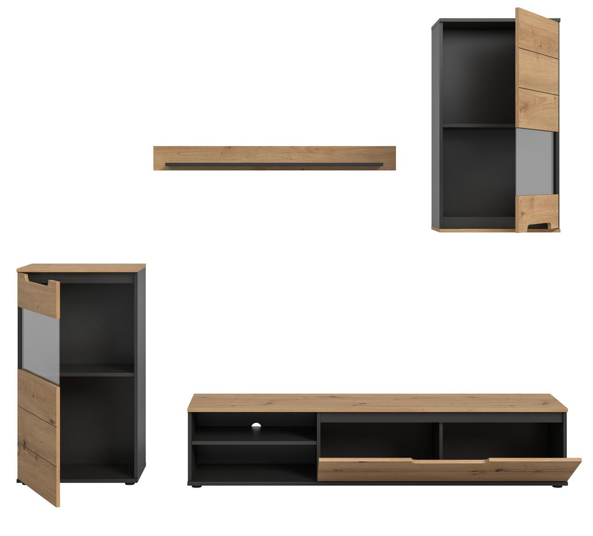 WOHNWAND Eiche Artisan, grau 4-teilig 246 cm, Schrankwand mit Soft-Close - Schwarz/Eiche Artisan, Glas/Holz (246/182/37cm) - Inn.Furn