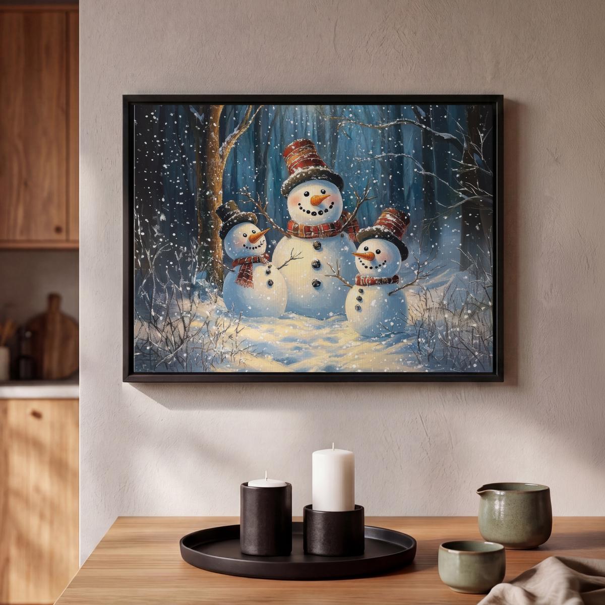 LEINWAND Bilder mit Rahmen - Schneemann - Schnee - Winter - Wald - 40x30 - Hellblau, Textil (40/30cm) - MuchoWow