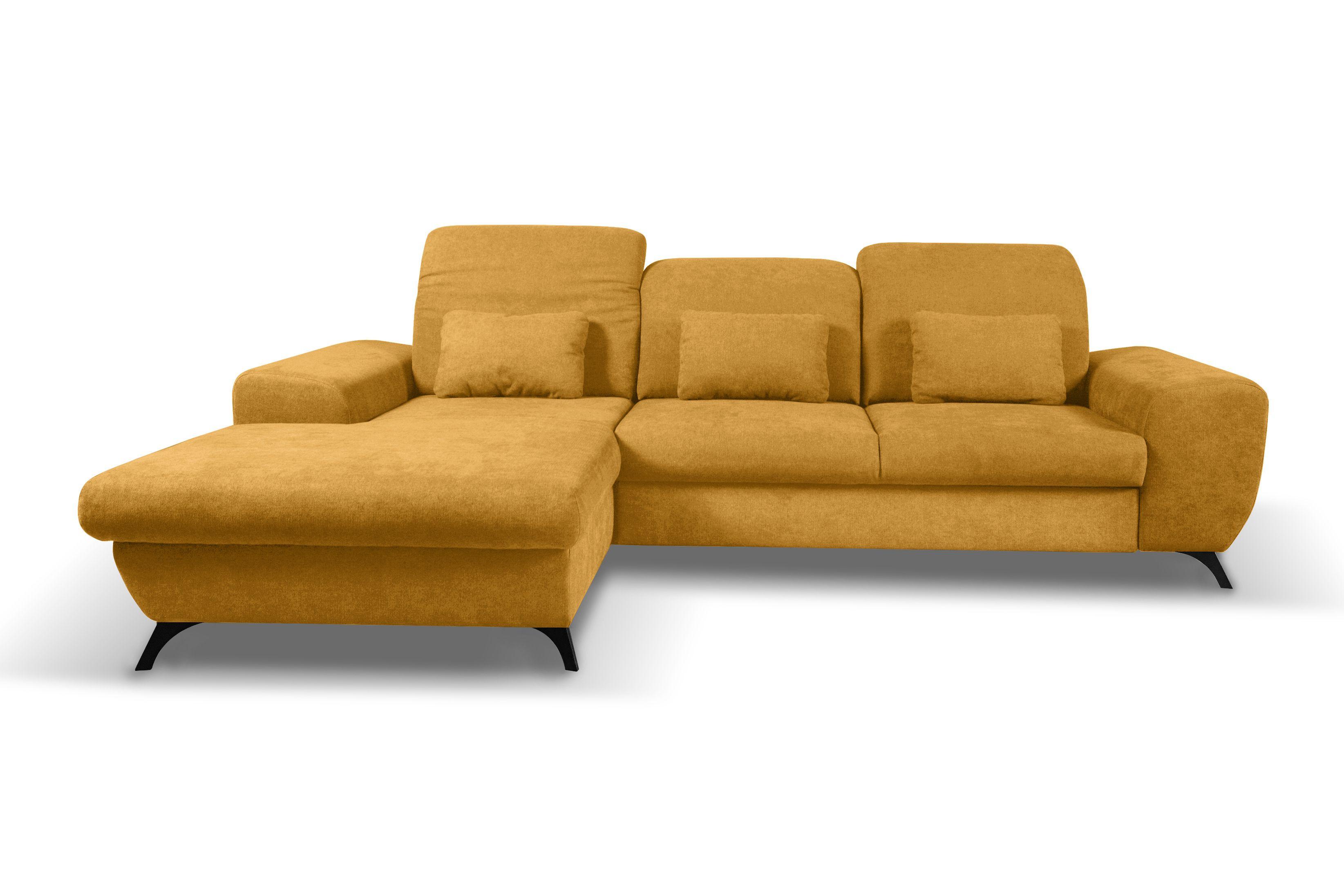ECKSOFA LUCE L-S Gelb Plüsch-Stoff mit Schlaffunktion - Gelb, Holz (279/172cm) - MASSENO