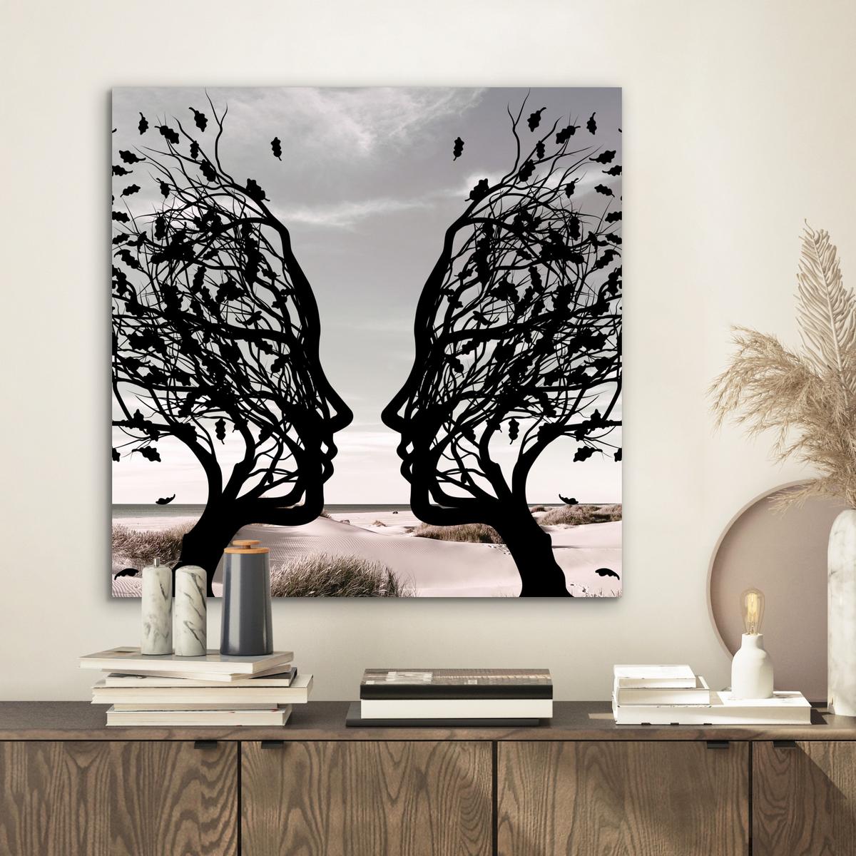 METALLBILD Strand - Meer - Menschen - Baum - Moderne Kunst 50x50 cm - Hellgrau, Metall (50/50cm) - MuchoWow