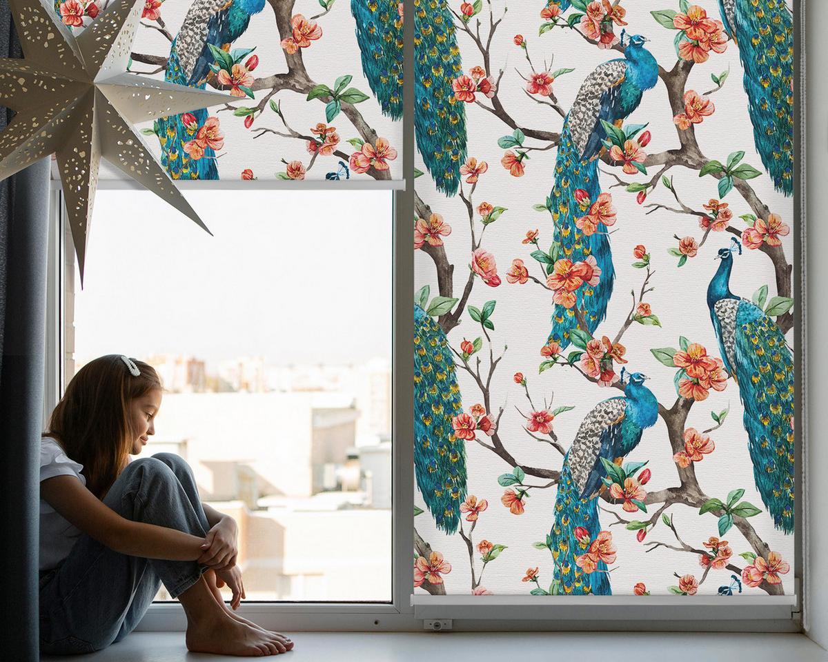INNENROLLO - Fensterrollo - Rollo - 70x140 cm - Pfau auf einem Ast - Blau, Kunststoff (70/140/0.5cm) - TULUP