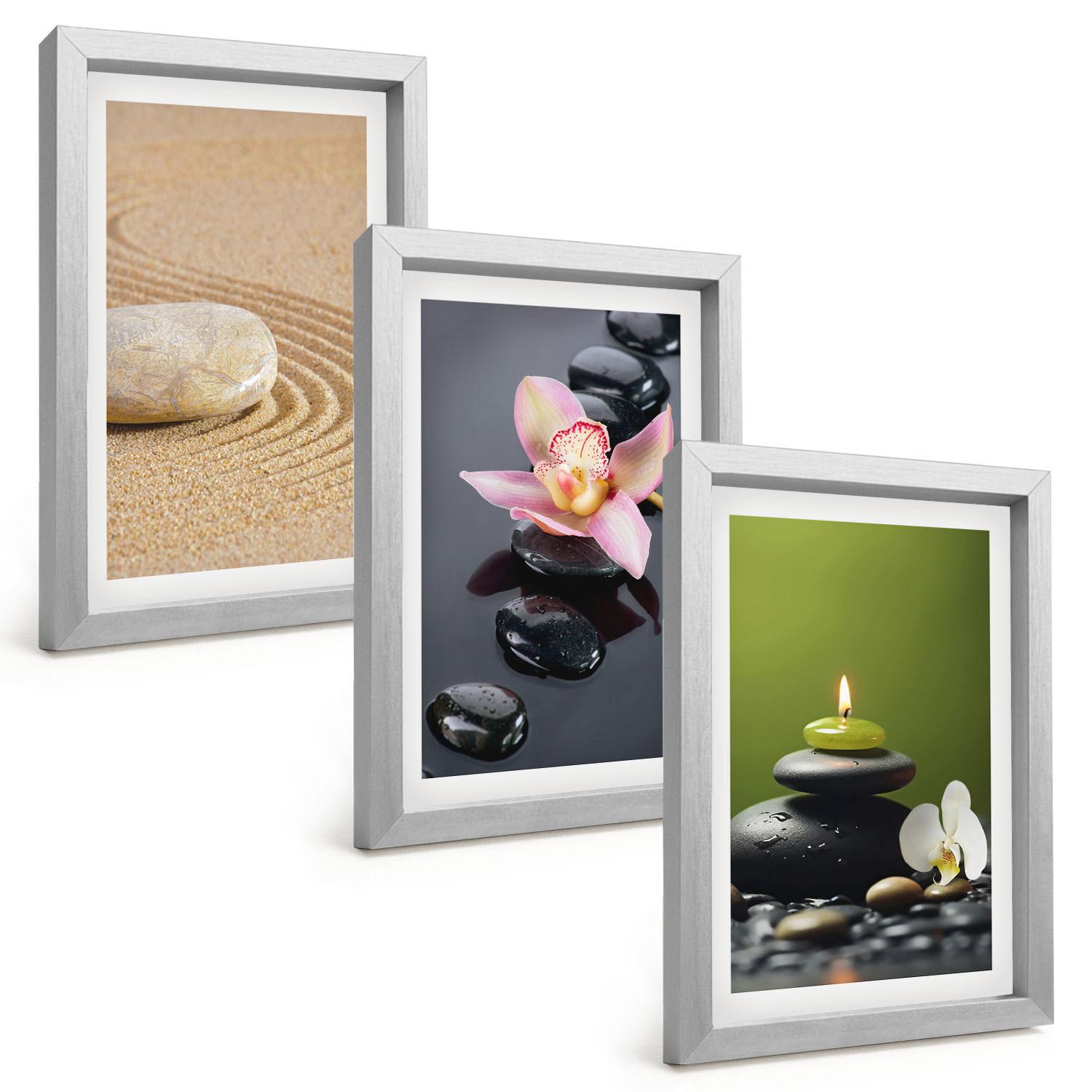 BILDER SET 3er Set - 20x30 cm Silberner Rahmen - Entspannende Zen-Steinmotive - Silberfarben, Kunststoff (20/30cm) - TULUP