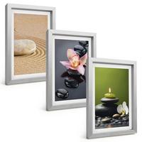 BILDER SET 3er Set - 20x30 cm Silberner Rahmen - Entspannende Zen-Steinmotive - Silberfarben, Kunststoff (20/30cm) - TULUP