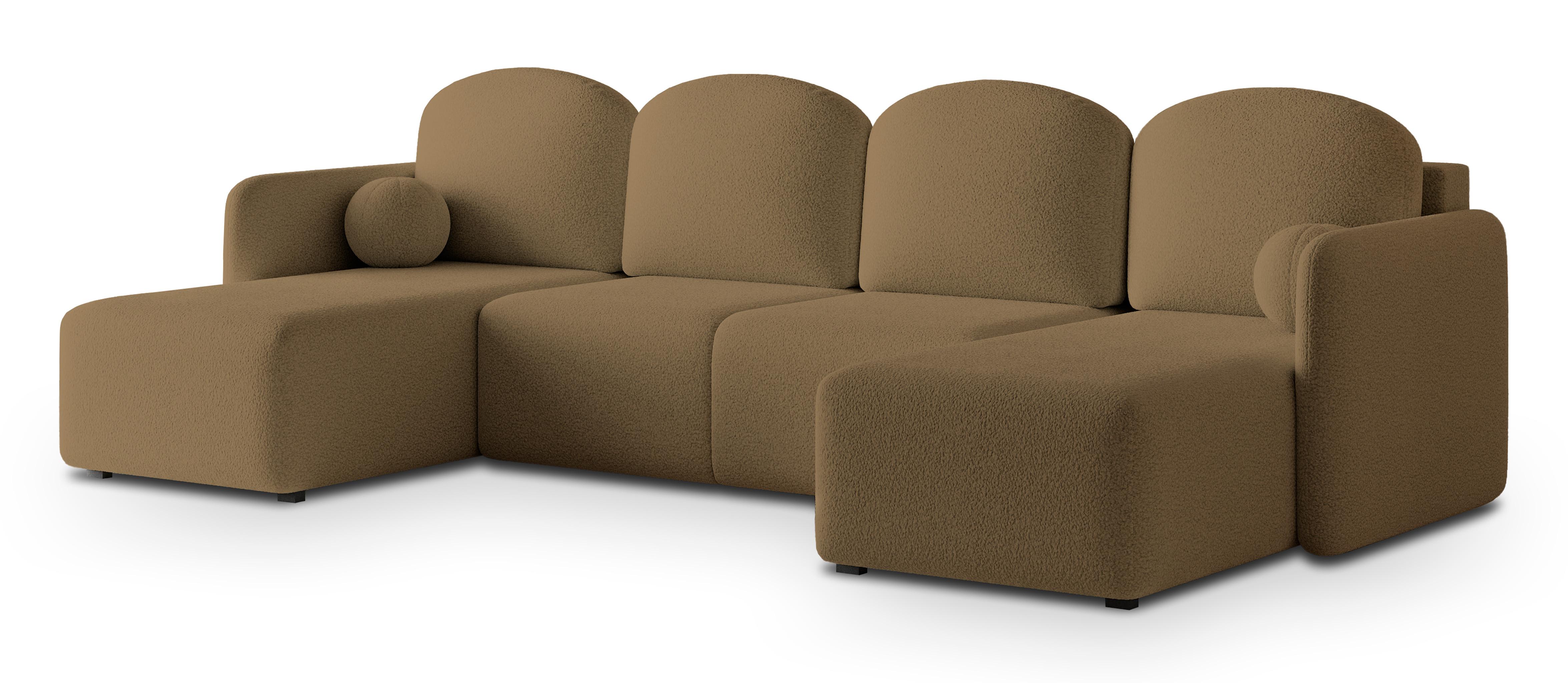 WOHNLANDSCHAFT NUBERO Orange Boucle-Stoff mit Schlaffunktion - Orange, Holz (285/85/143cm) - MASSENO