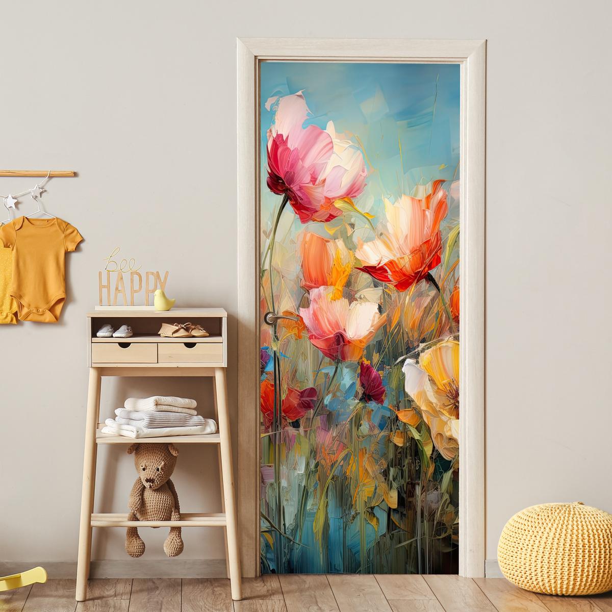 TÜRAUFKLEBER Blumen - Aquarell - Kunst - Botanisch - Natur 85x215 cm - Türtapete - Orange, Kunststoff (85/0.1cm) - MuchoWow
