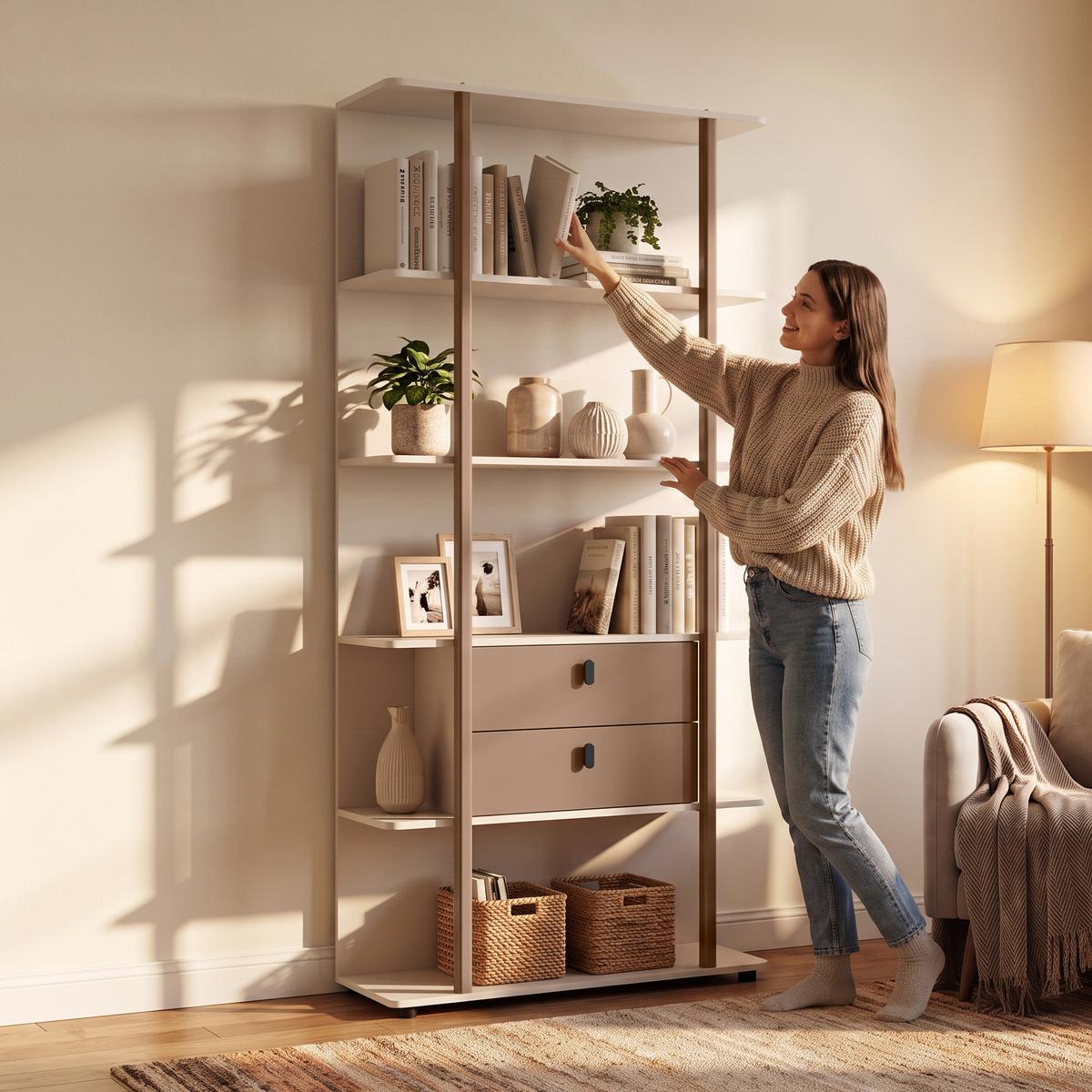BÜCHERREGAL Boreo aus Metall mit 2 Schubladen, 90 cm, Kaschmir+Hellbraun - Kaschmir/Hellbraun, Metall (90/200/26cm) - Beautysofa
