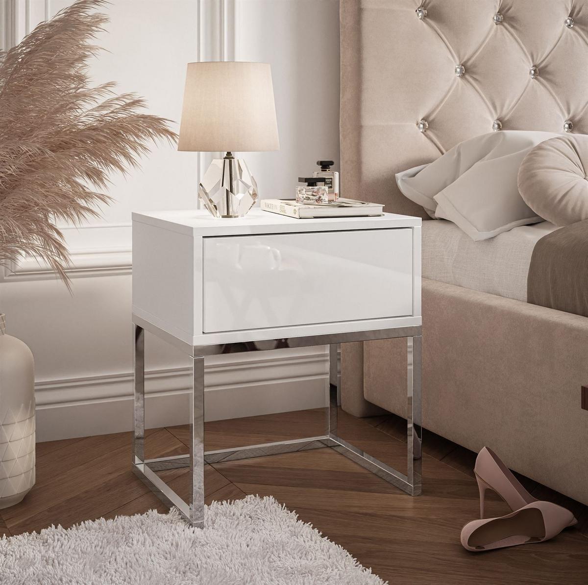 NACHTTISCH BLANCO GLAMOUR Weiß Hochglanz auf verchromtem Gestell PUSH OPEN - Weiß Hochglanz, Holzwerkstoff (45/53/36.6cm) - Lookway