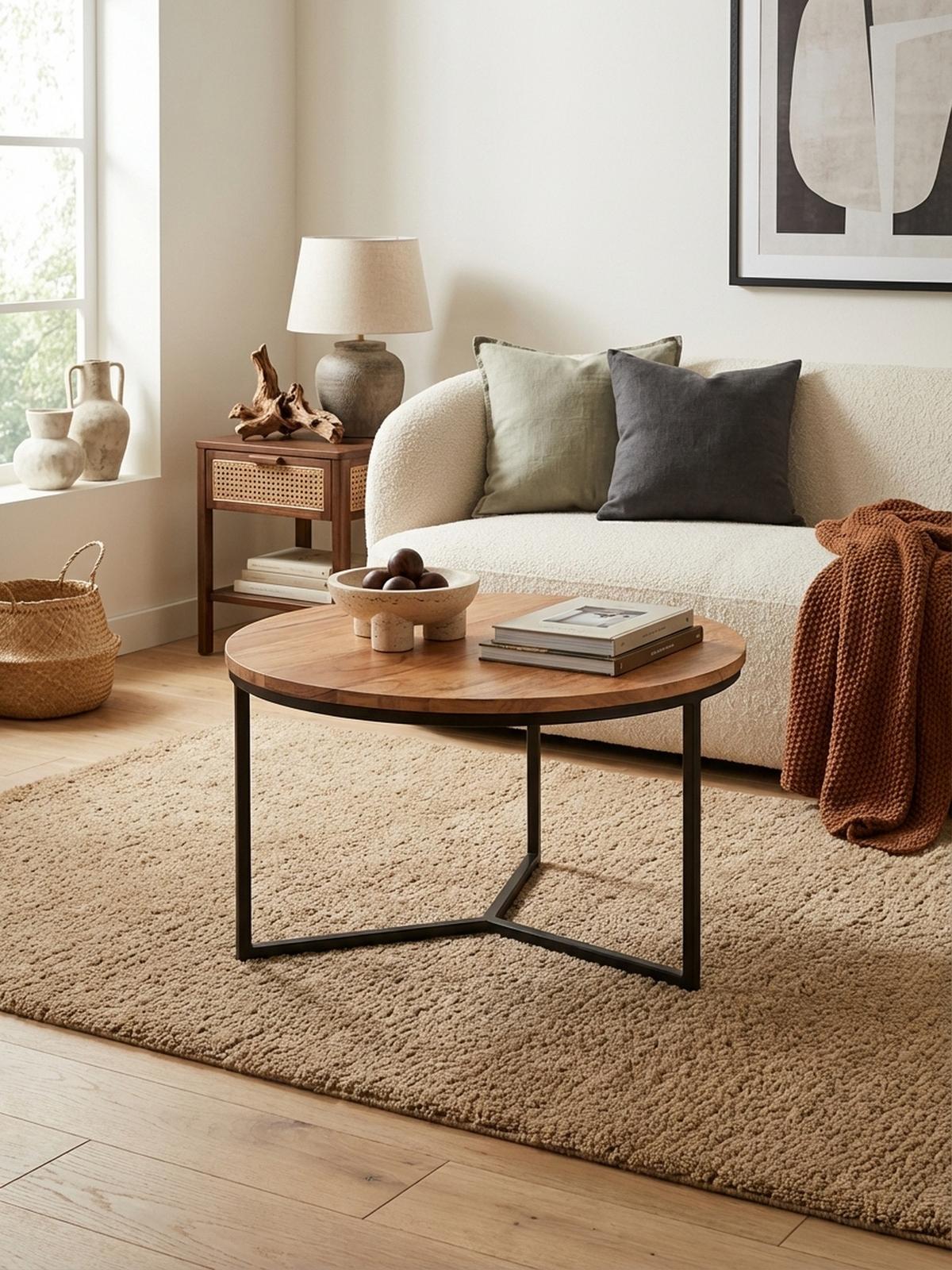COUCHTISCH aus Akazienholz mit robustem Eisengestell und integriertem Stauraum - Beige/Schwarz, Holz/Metall (60/60/38cm) - KADIMA DESIGN