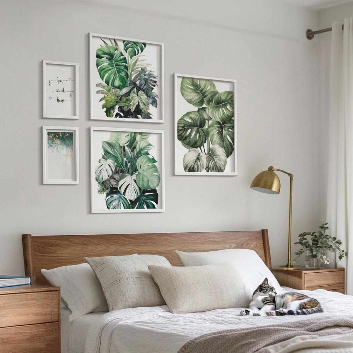 BILDER SET 5er Set - 50x50 cm & 20x30 cm & 40x60 cm Weißer Rahmen - Aquarell-Monstera-Blätter - Weiß, Kunststoff (40/60cm) - TULUP