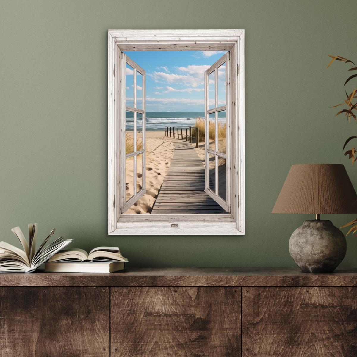 METALLBILD Fenster - Meer - Küste - Natur - Ausblick - Strand - Wattenmeer Deko Schlafzimmer 40x60 cm - Beige, Metall (40/60cm) - MuchoWow