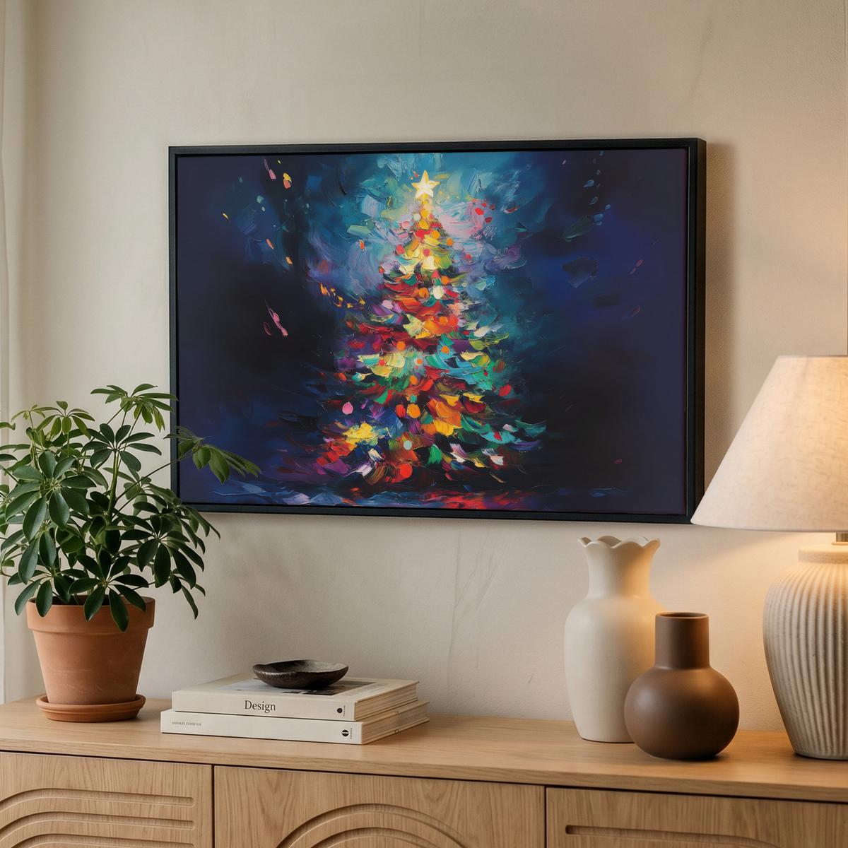LEINWAND Bilder mit Rahmen - Weihnachtsbaum - Weihnachten - Abstrakt - Farbenfroh - 60x40 - Multicolor, Textil (60/40cm) - MuchoWow