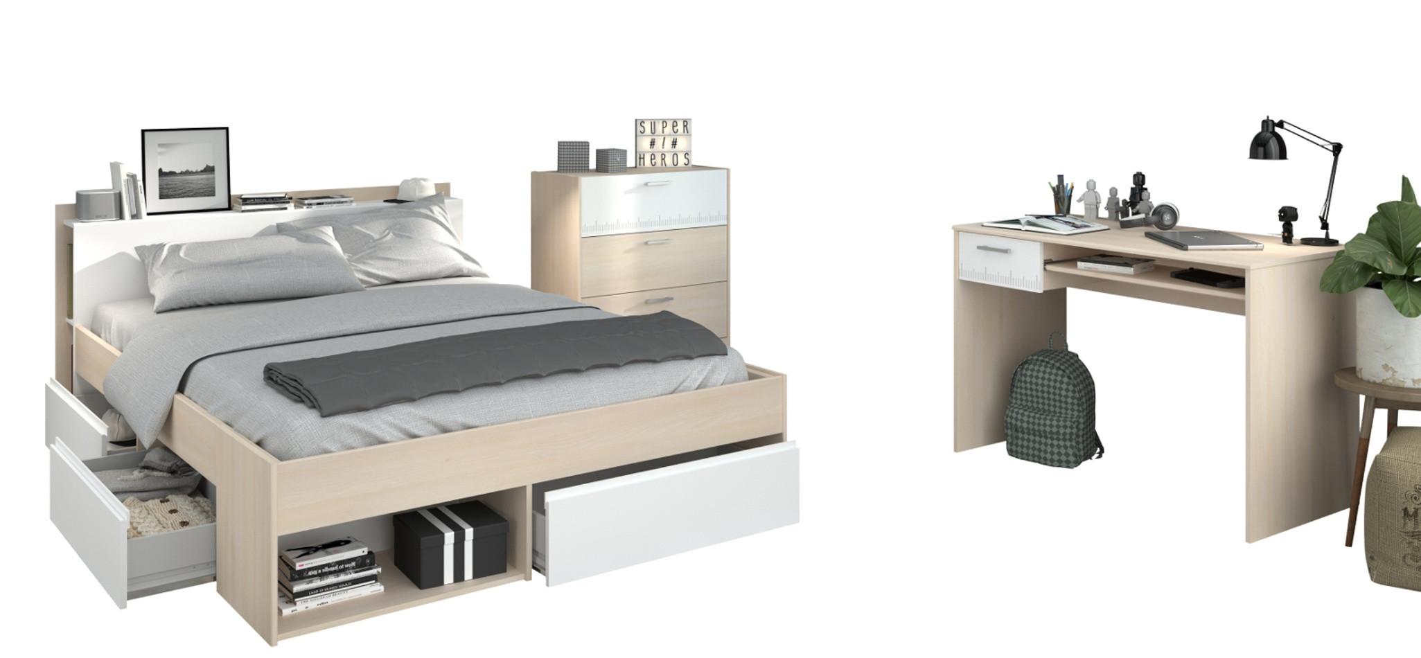 JUGENDZIMMER Akazie, weiß, Komplett-Set mit Stauraumbett 160x200, Schreibtisch, Kommode - Silberfarben/Weiß, Holzwerkstoff/Kunststoff (170/82/220cm) - Parisot Meuble