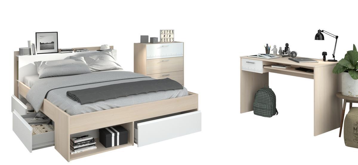 JUGENDZIMMER Set mit Stauraumbett 140 x 200 Schreibtisch Kommode - Silberfarben/Weiß, Holz/Holzwerkstoff (140/79/200cm) - Parisot Meuble