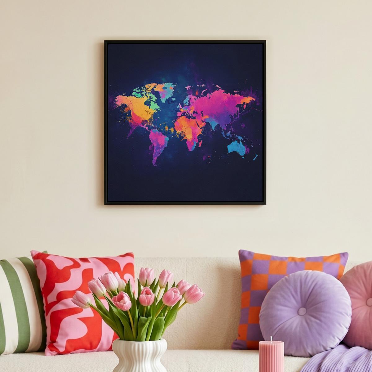 LEINWAND Bilder mit Rahmen - Weltkarte - Bunt - Graffiti - 50x50 - Multicolor, Textil (50/50cm) - MuchoWow