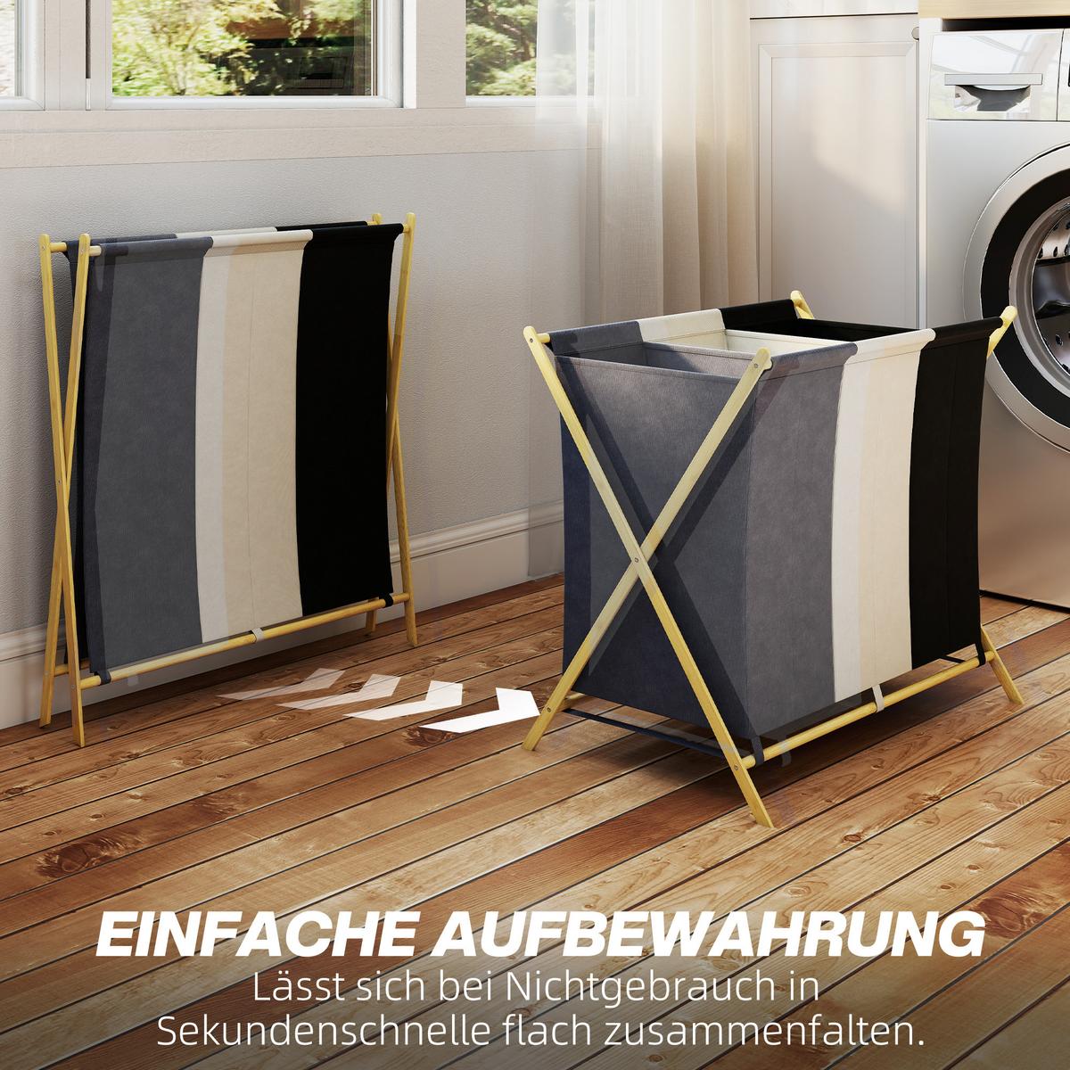 WÄSCHEKORB aus Bambus Leinenstoff Mehrfarbig - Multicolor, Naturmaterialien (48/67/75cm) - HOMCOM
