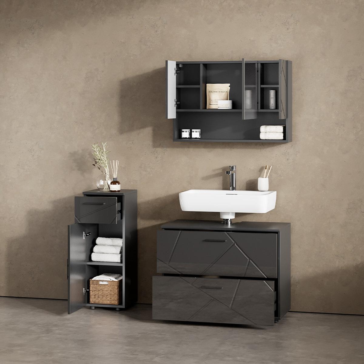 BADMÖBEL-SET Ronco Anthrazit Hochglanz 3 Teile, mit Schubladenschrank und Midischrank - Schwarz Hochglanz, Holzwerkstoff (41/80/58cm) - Livinity®