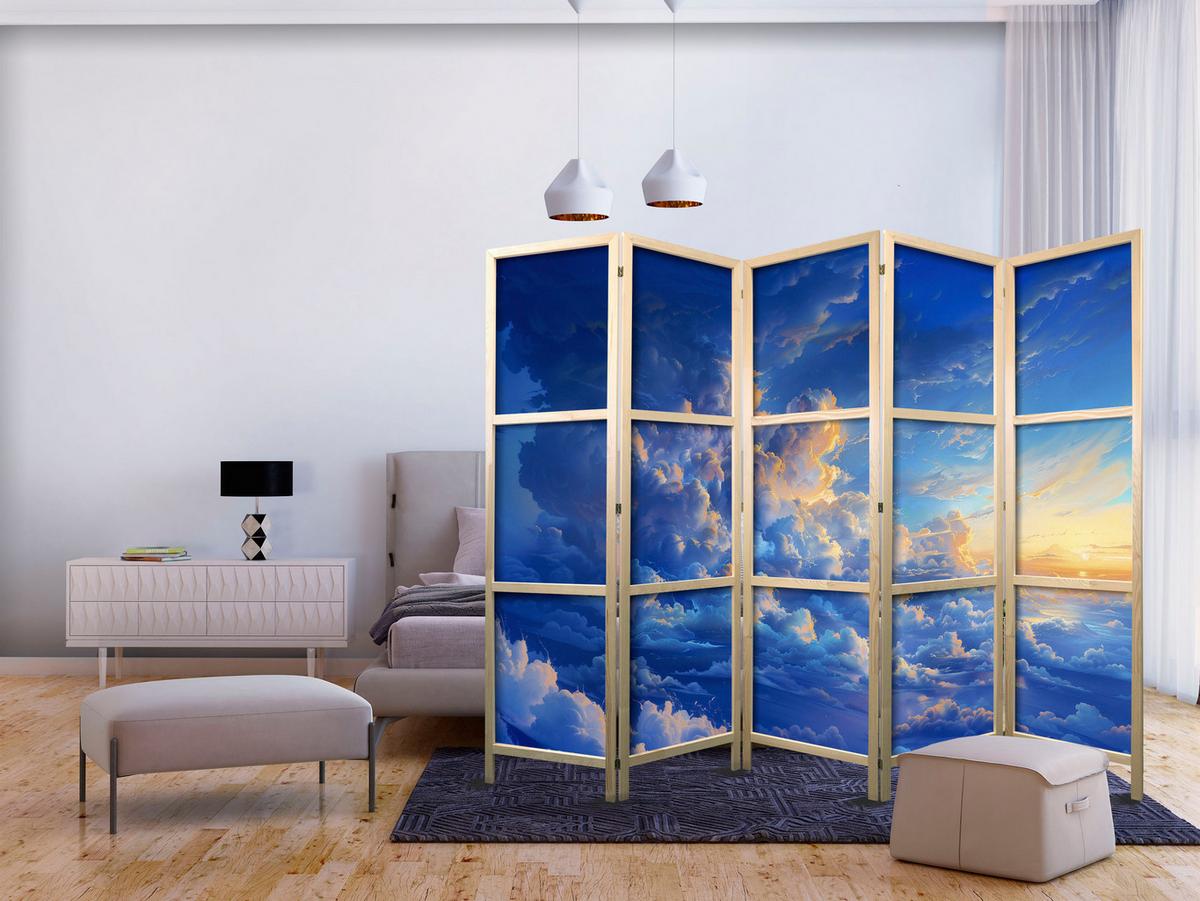PARAVENT Japanischer 5-tlg 225x172 cm Blaue Wolken - Blau, Holz/Textil (225/172/3cm) - Muralo