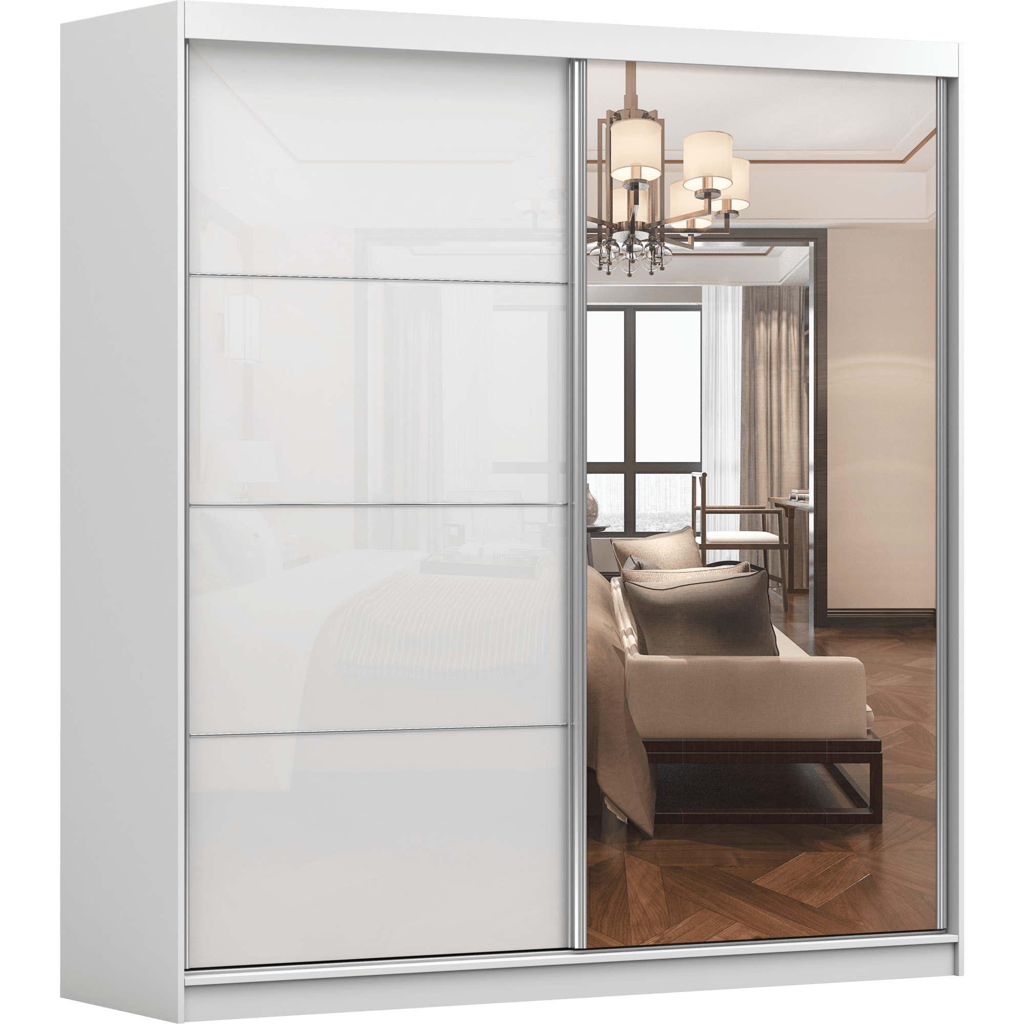 SCHWEBETÜRENSCHRANK MULTI 35 Weiß/Weiß Semigloss + Spiegel - ohne LED Beleuchtung 203 cm - Alufarben/Weiß, Glas/Holzwerkstoff (203/218/61cm) - imoebel24