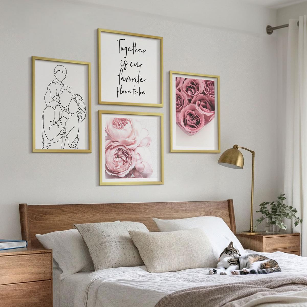BILDER SET 4er Set - 50x50 cm & 40x60 cm Goldrahmen - Rosensträuße als Familienzeichnung - Goldfarben, Kunststoff (50/50cm) - TULUP