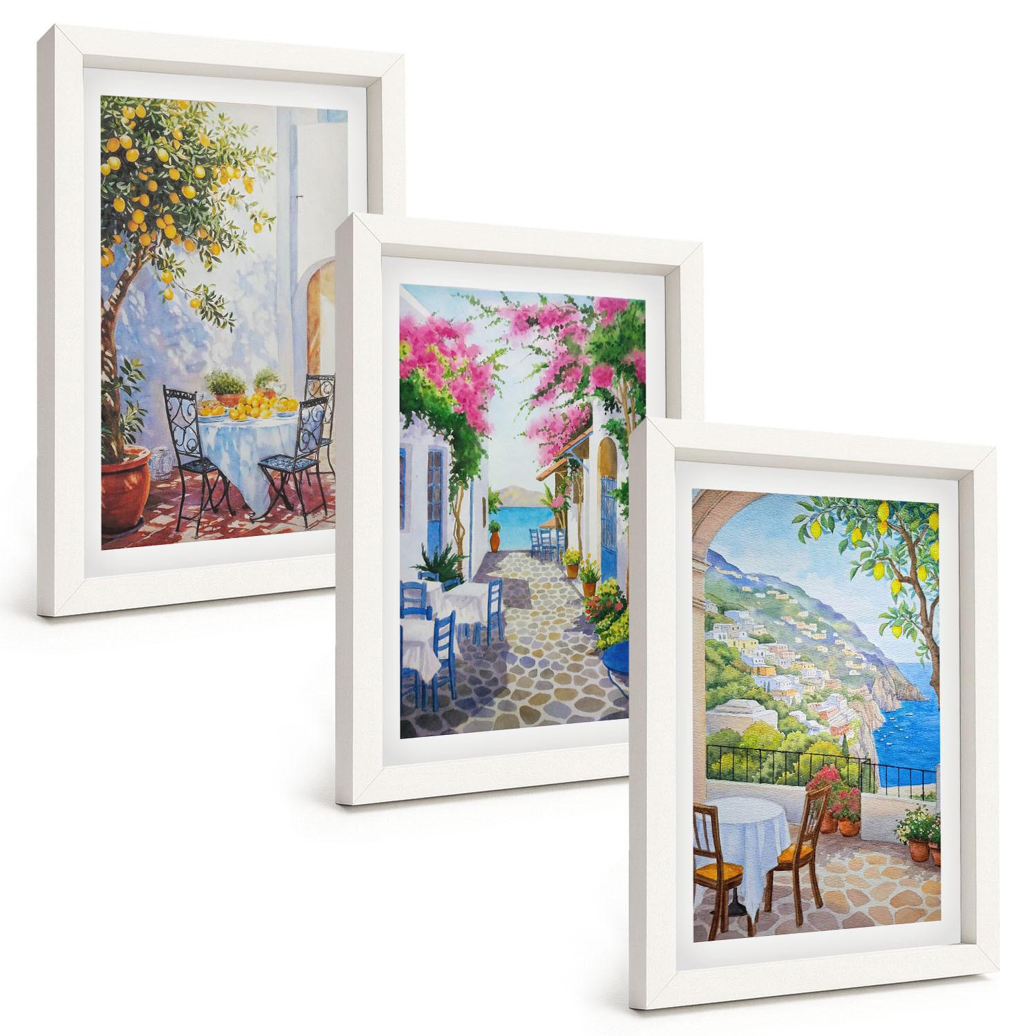 BILDER SET 3er Set - 20x30 cm Weißer Rahmen - Charmante Straßen, Pflanzen, Meer - Weiß, Kunststoff (20/30cm) - TULUP