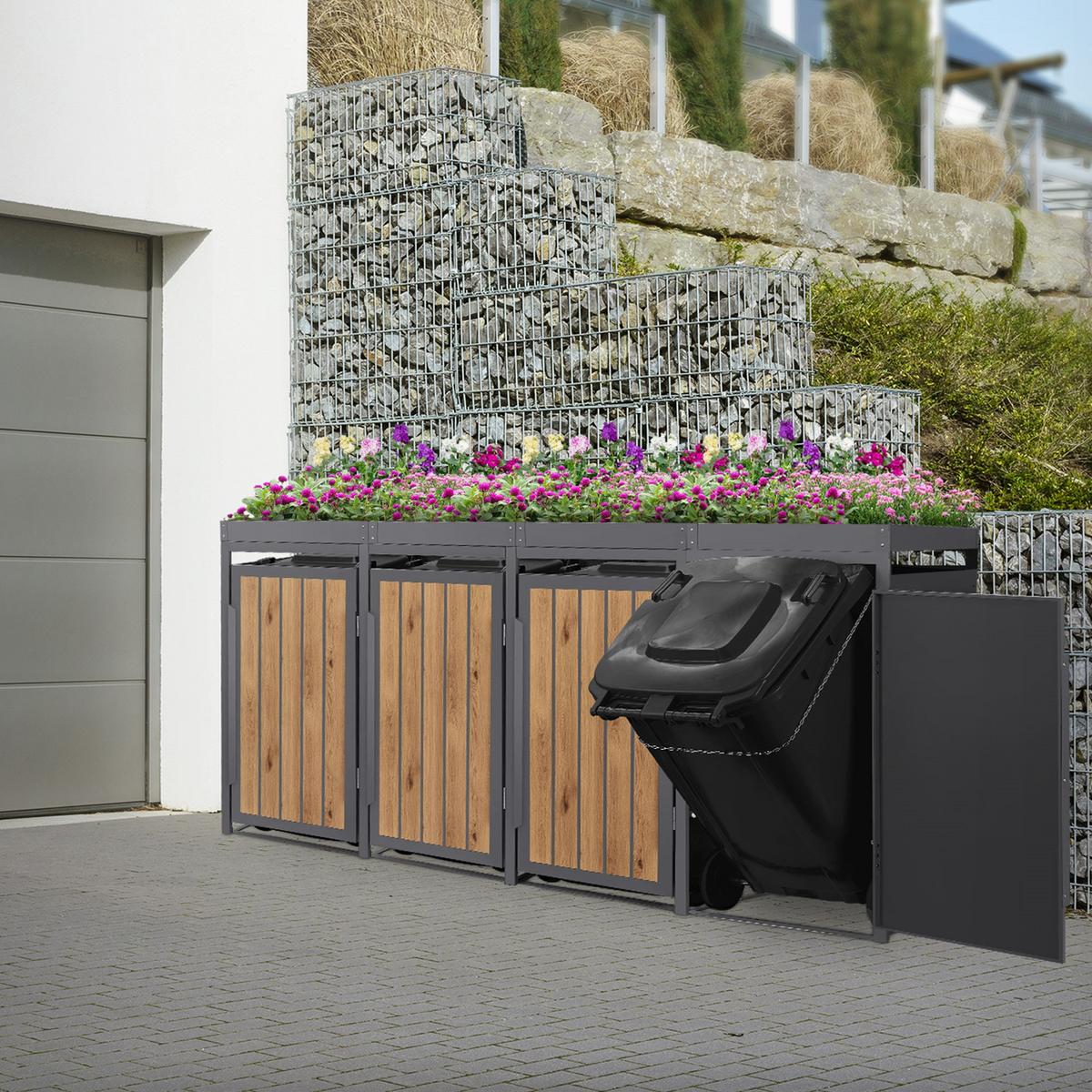 MÜLLTONNENBOX 4er mit Pflanzdach 240L Anthrazit-Holzoptik aus Stahl - Hellbraun, Metall (80/124/260cm) - ML-DESIGN