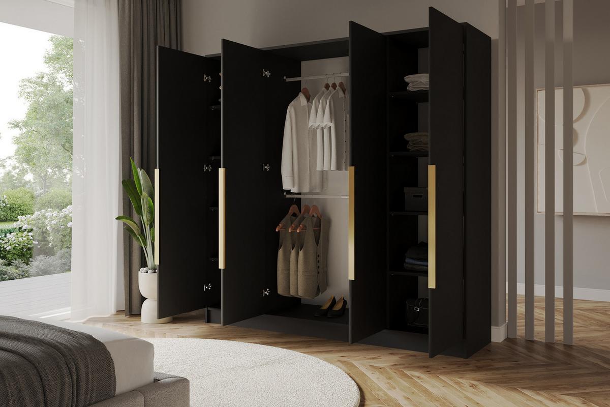 KLEIDERSCHRANK - PORTO - 200 - Schwarz - Goldfarben/Schwarz, Holzwerkstoff (200/200/51cm) - ALTDECOR