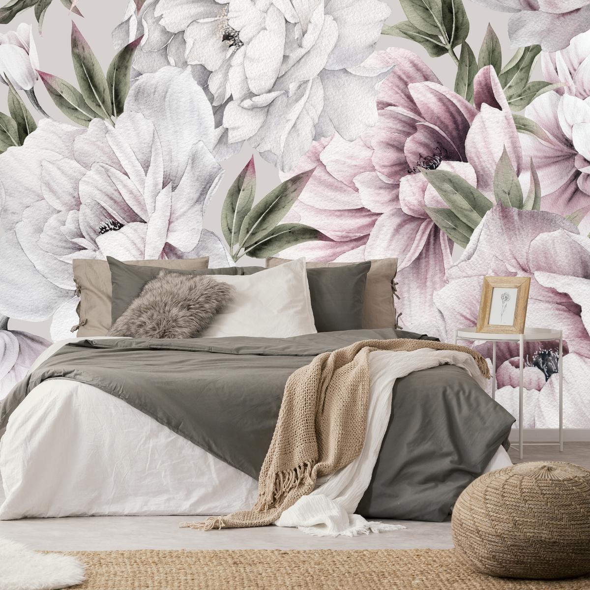 FOTOTAPETE für Schlafzimmer Pastell Pfingstrosen Boho Pflanzen 450x315 - Violett/Rosa, Papier (450/315cm) - Muralo