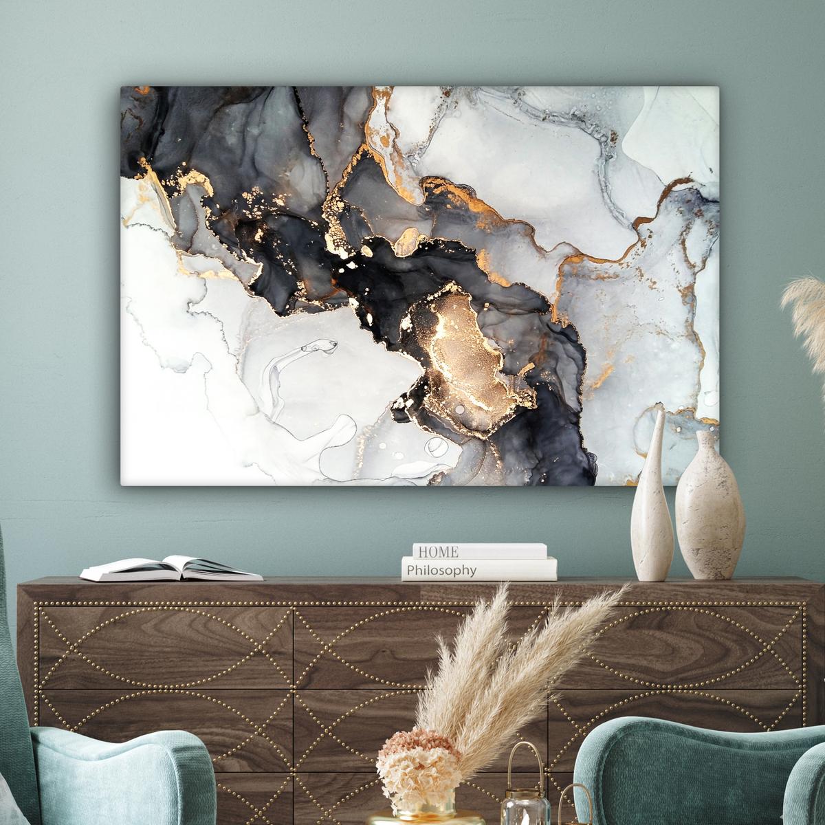 LEINWANDBILD Marmor - Schwarz - Weiß - Gold - Luxus - Abstrakt Groß 140x90 cm - Goldfarben, Textil (140/90cm) - MuchoWow