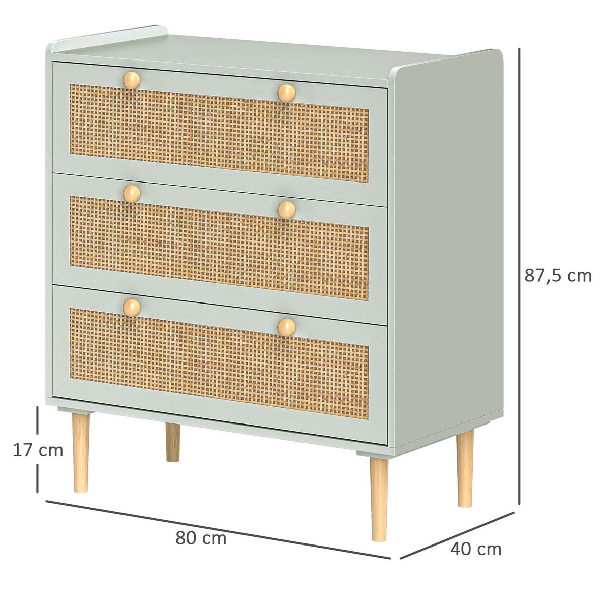 SCHLAFZIMMER-KOMMODE mit 3 Schubladen, Rattan-Fronten, MDF, Grün - Hellblau, Holzwerkstoff (40/87.5/80cm) - HOMCOM