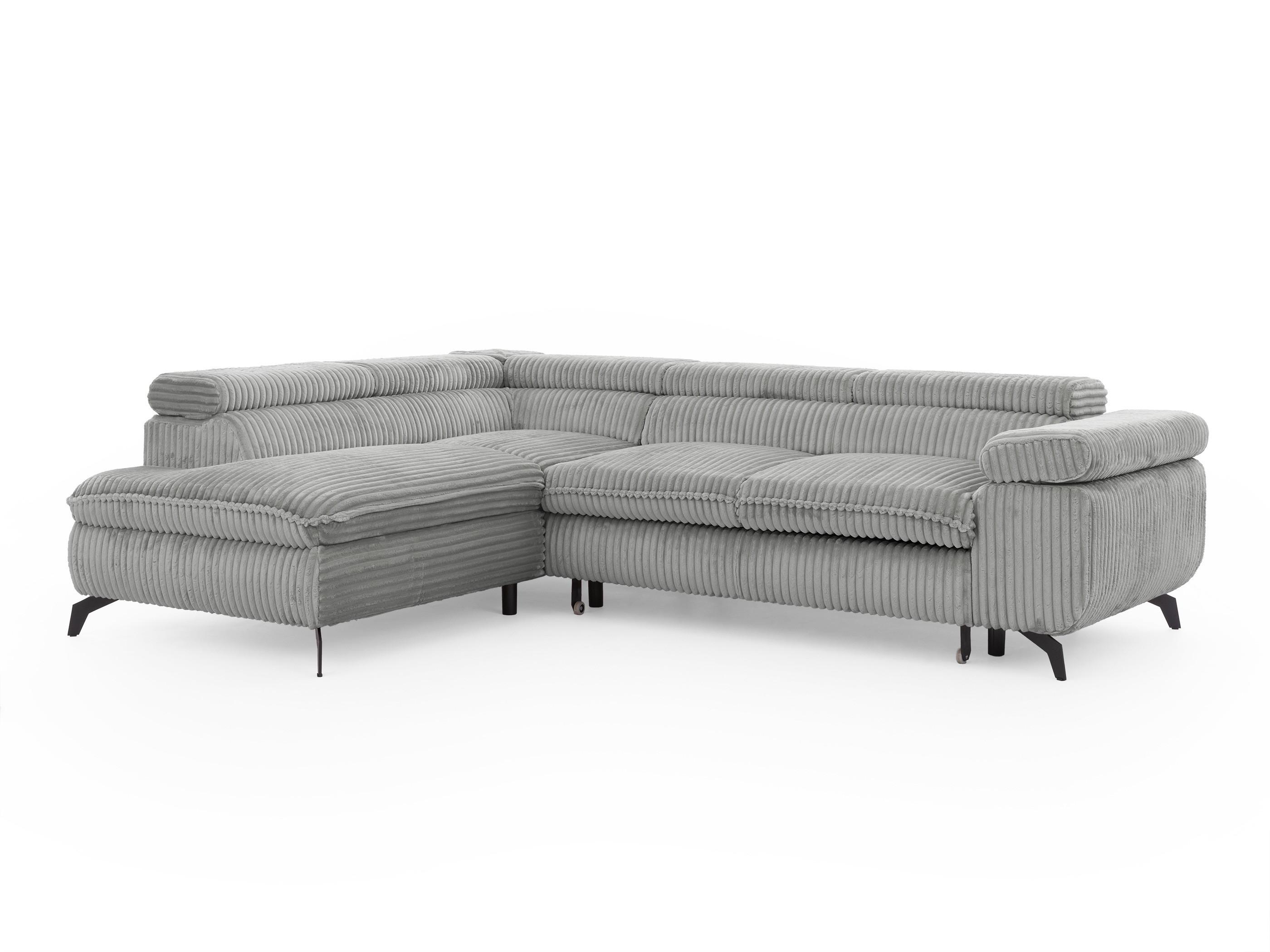 ECKSOFA mit Schlaffunktion und Bettkasten Bonnie aus Hellgrau Cord-Stoff mit verstellbaren Kopfstützen und Armlehne - Ottomane links - Hellgrau/Schwarz, Holz/Textil (275/210cm) - S-Style Möbel