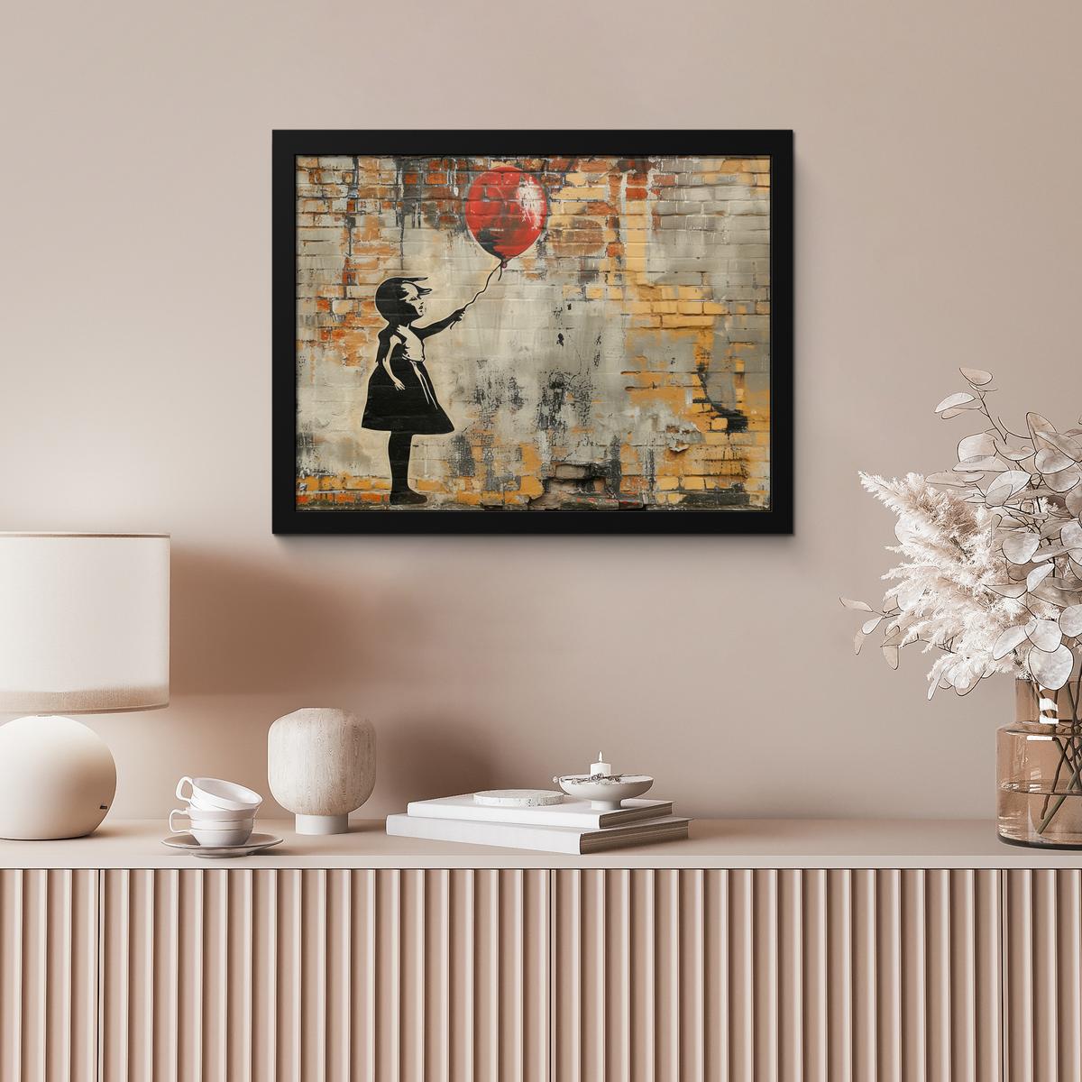 POSTER MIT RAHMENGERAHMTES BILD Graffiti - Banksy - Mädchen - Straßenkunst 40x30 cm - Sandfarben, Papier (40/30cm) - MuchoWow