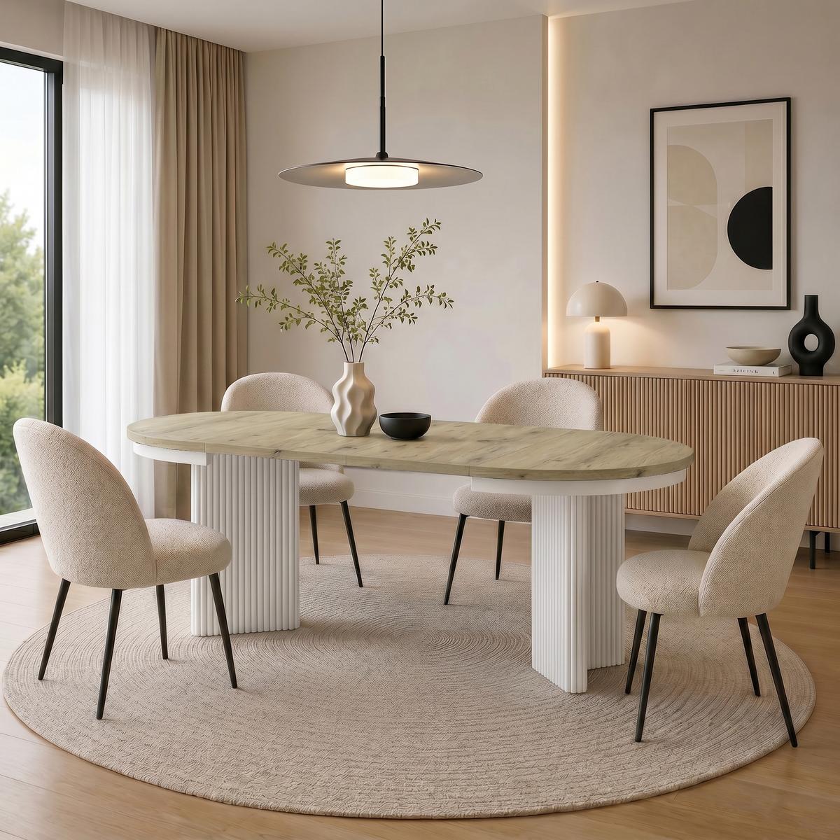 ESSTISCH Prestige runder Design-Tisch, ausziehbar Ø 100–180 cm, Eiche artisan+Weiß - Eichefarben/Weiß, Metall (100/100/77cm) - Beautysofa