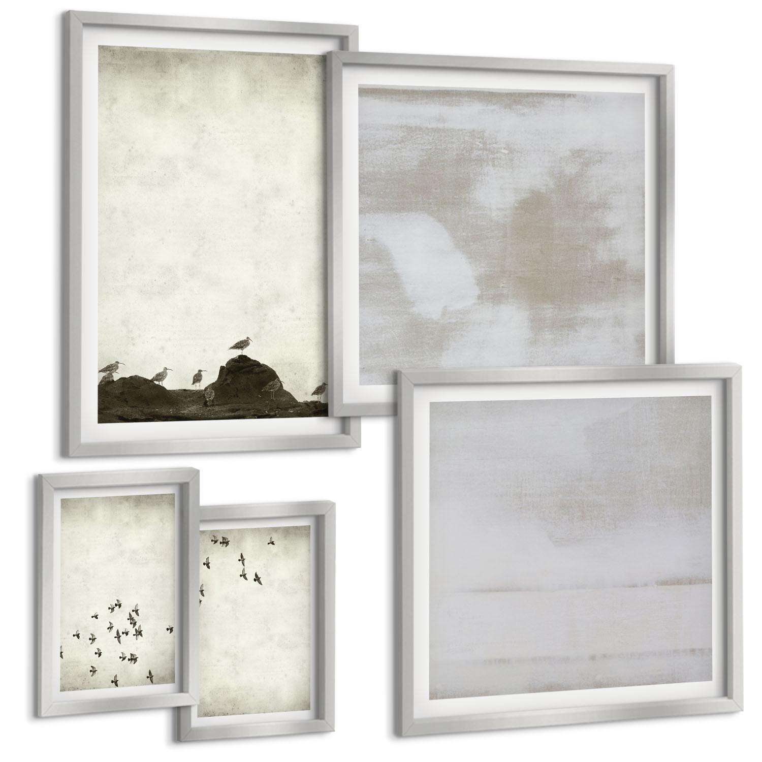 BILDER SET 5er Set - 50x50 cm & 20x30 cm & 40x60 cm Silberner Rahmen - Minimalistische Vögel im Flug - Silberfarben, Kunststoff (40/60cm) - TULUP