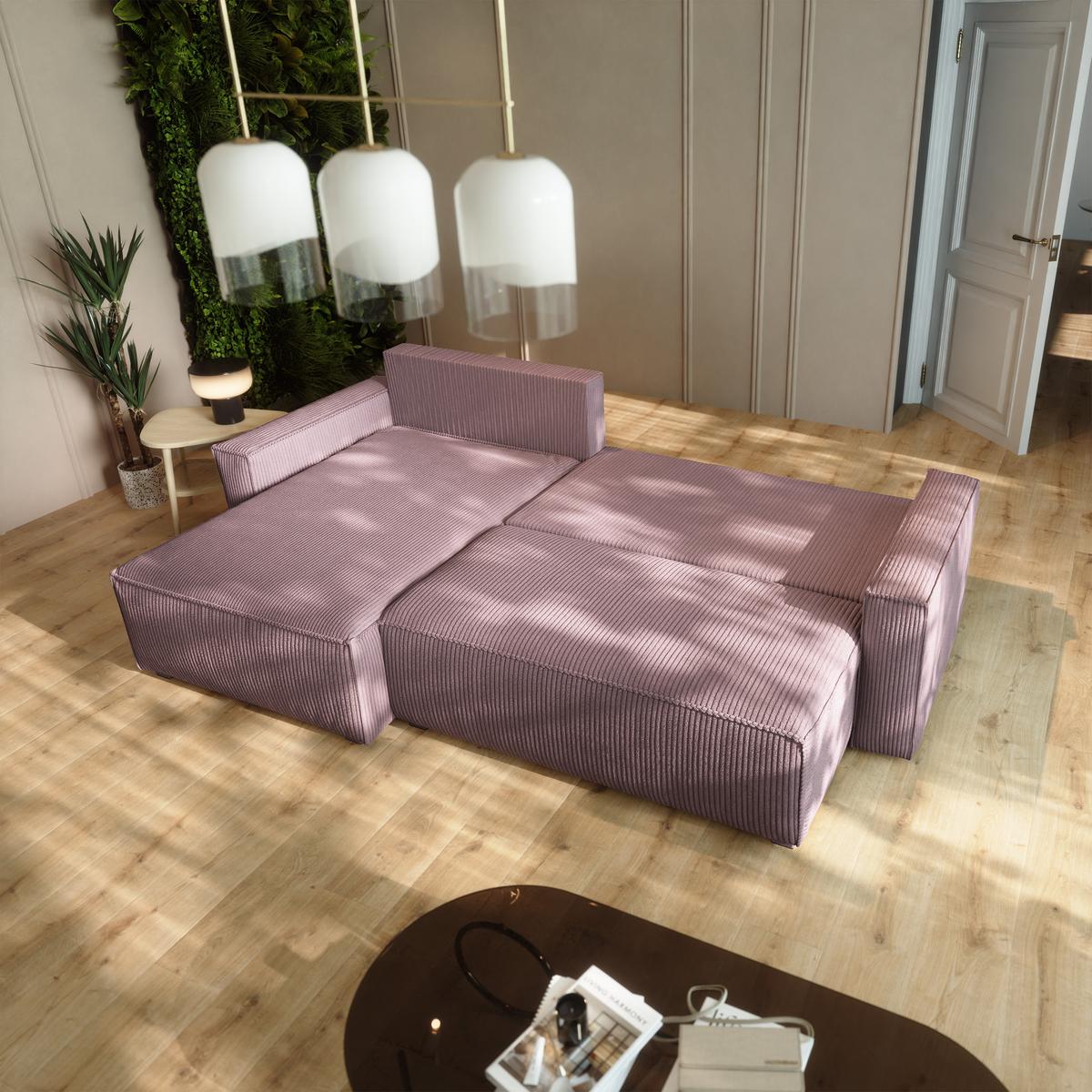 ECKSOFA BESMIR Lila Kordstoff mit Schlaffunktion - Lila, Holz (275/148cm) - MASSENO