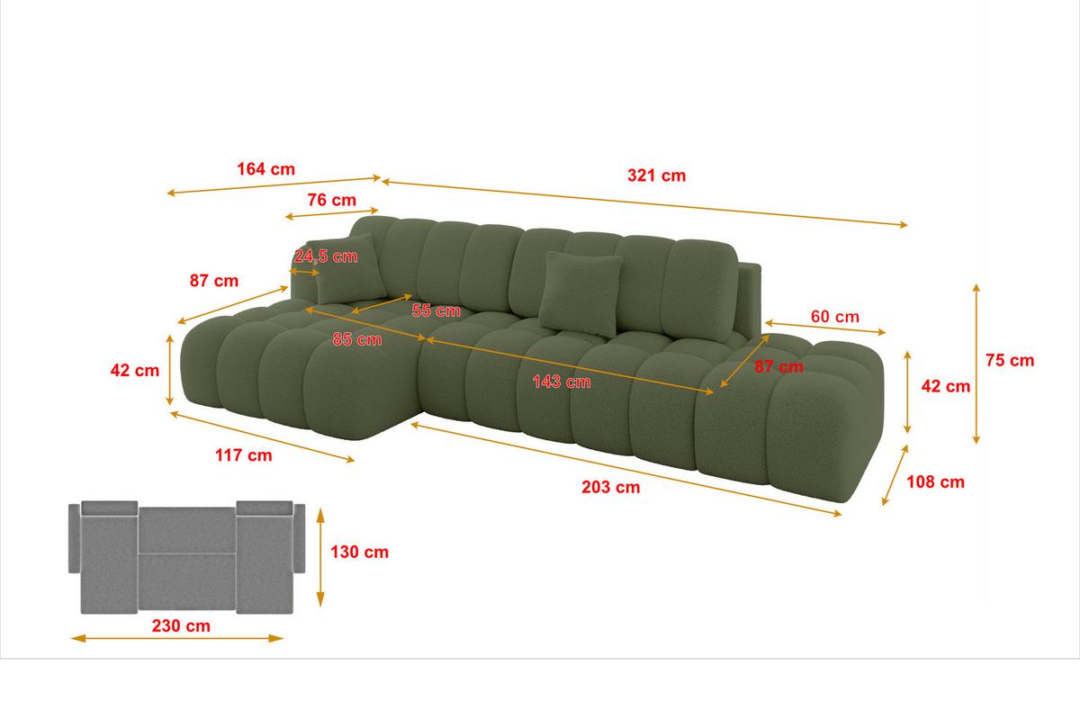 ECKSOFA mit Schlaffunktion Ottomane Links OLEA-L2 321x164x75 Grün Bouclé - Schwarz/Grün, Holzwerkstoff/Kunststoff (321/164cm) - ALTDECOR