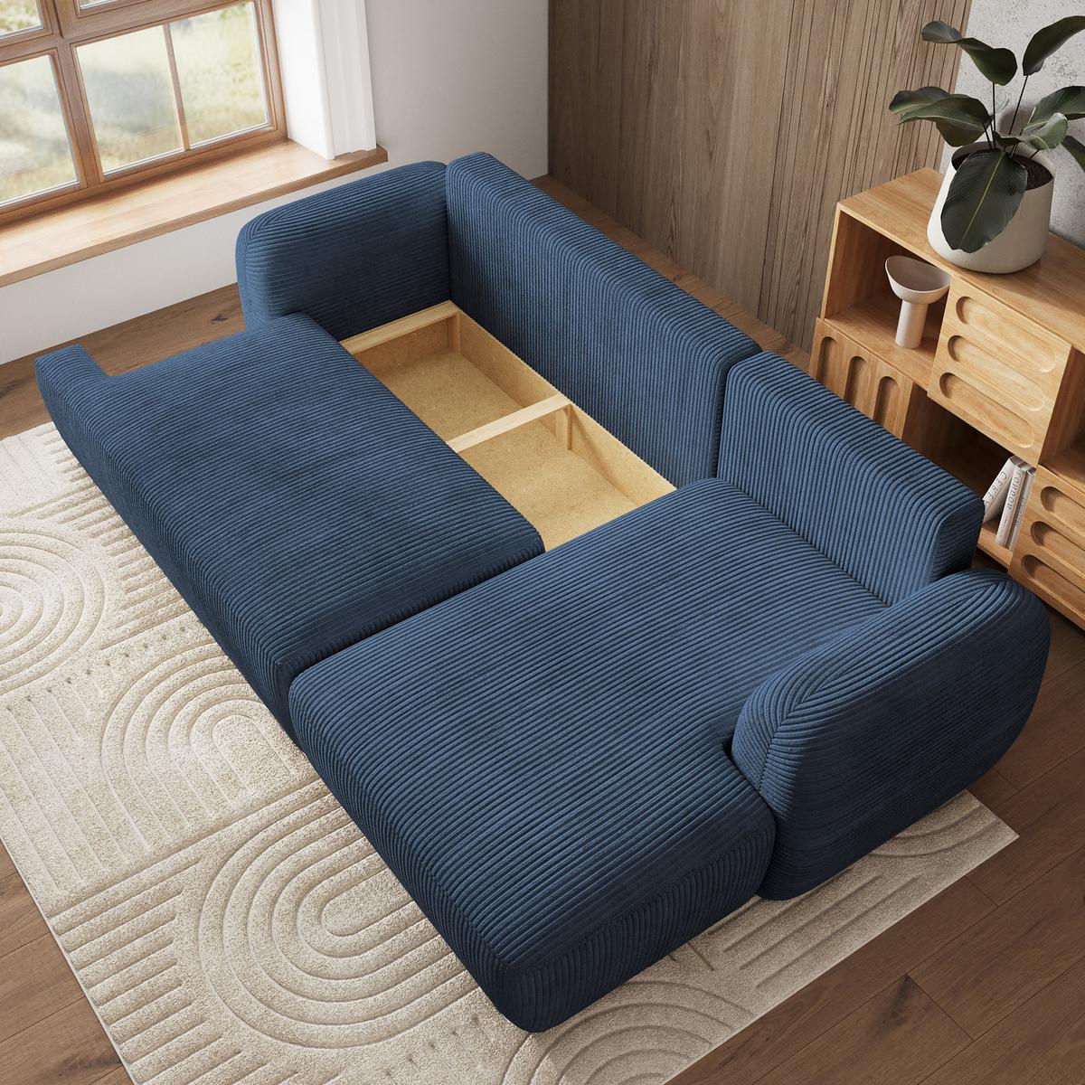 ECKSOFA MODENZA P R-S Blau Kordstoff mit Schlaffunktion - Blau/Schwarz, Holz/Kunststoff (266/148cm) - MASSENO