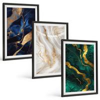 BILDER SET 3er Set - 40x60 cm Schwarzer Rahmen - Abstrakte blaugrüne Muster - Schwarz, Kunststoff (40/60cm) - TULUP