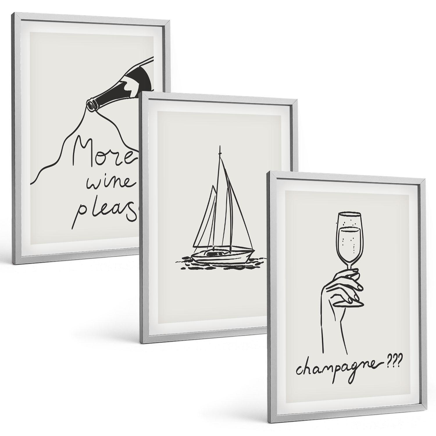 BILDER SET 3er Set - 40x60 cm Silberner Rahmen - Weinsegelboot-Glas-Linienzeichnung - Silberfarben, Kunststoff (40/60cm) - TULUP