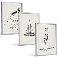 BILDER SET 3er Set - 40x60 cm Silberner Rahmen - Weinsegelboot-Glas-Linienzeichnung - Silberfarben, Kunststoff (40/60cm) - TULUP