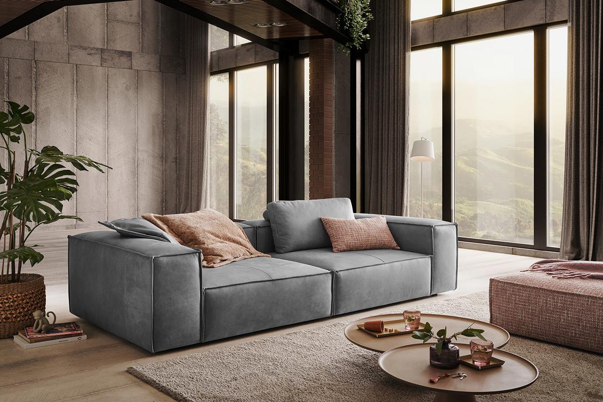 SOFA CARMO Grau Leder - Schwarz/Grau, Leder/Kunststoff (266/68/118cm) - KAWOLA