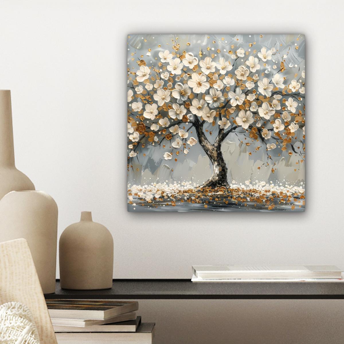 LEINWANDBILD Baum - Blumen - Weiß - Natur - Kunst Deko Wohnzimmer 20x20 cm - Weiß, Textil (20/20cm) - MuchoWow