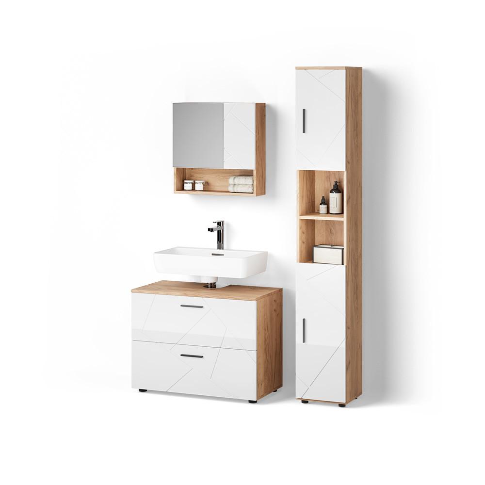 BADMÖBEL-SET Ronco Weiß Hochglanz/Goldkraft Eiche 3 Teile, mit Schubladenschrank und Hochschrank - Honigeiche/Weiß Hochglanz, Holzwerkstoff (54/58/41cm) - Livinity®