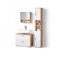 BADMÖBEL-SET Ronco Weiß Hochglanz/Goldkraft Eiche 3 Teile, mit Schubladenschrank und Hochschrank - Honigeiche/Weiß Hochglanz, Holzwerkstoff (54/58/41cm) - Livinity®